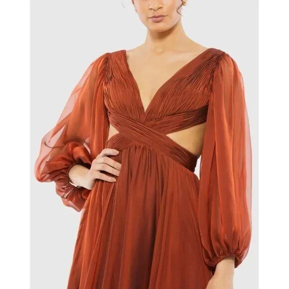 NEW Mac Duggal 67948 Pleated Cut Out Long Sleeve Lace Up Copper Gown 2 - Picture 2 of 8